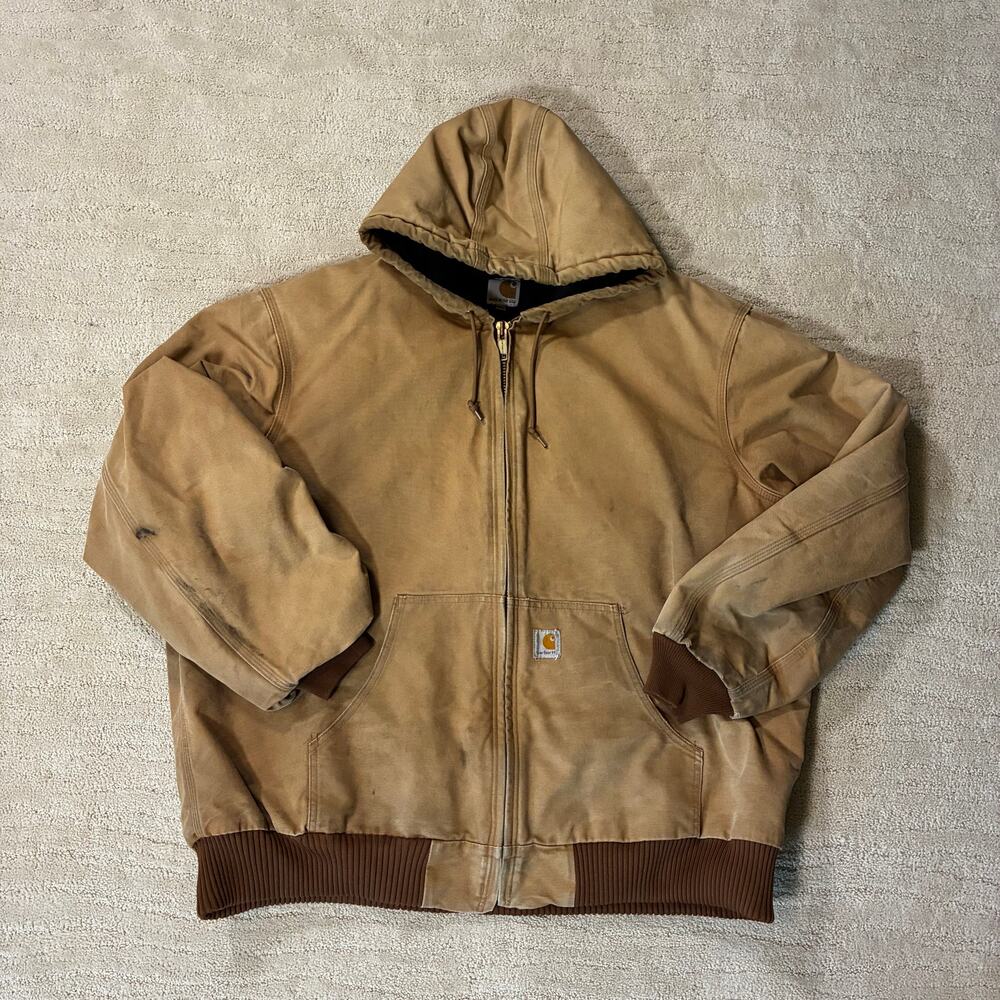 Carhartt Men’s 2XLT J140 BRN Duck Canvas Workwear Hooded Jacket Worn In Grunge